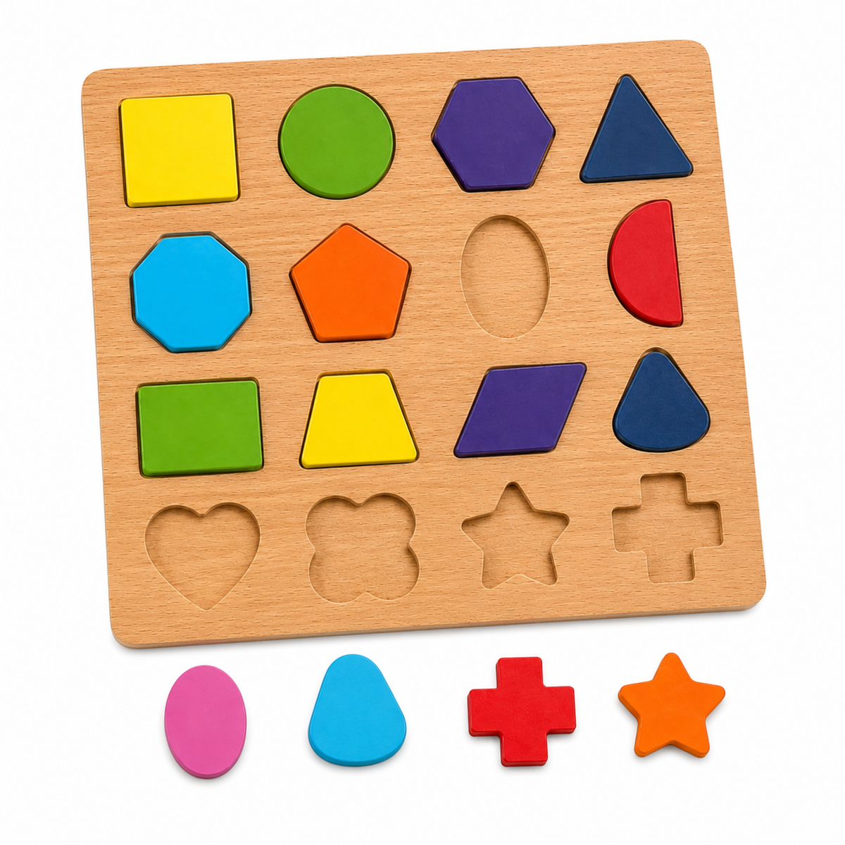 Wooden shapes puzzle board with colourful shape pieces