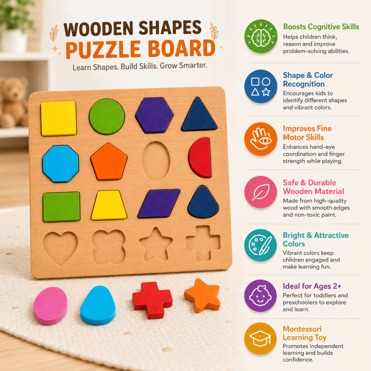 Features of the wooden shapes puzzle board for kids