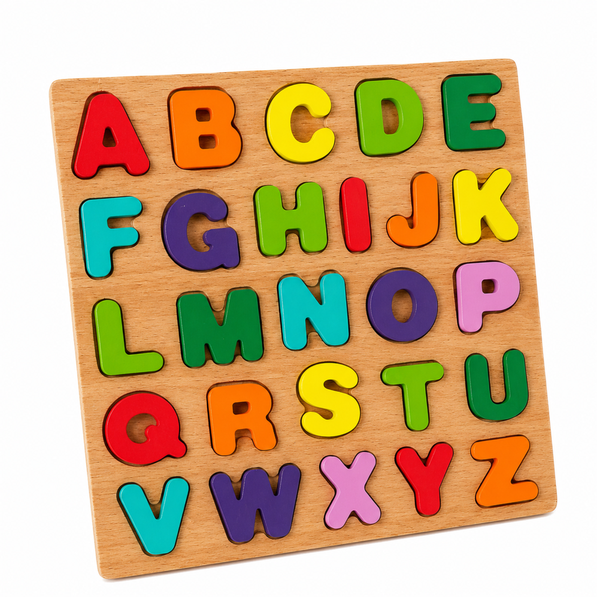 Wooden alphabet puzzle board with colourful A to Z letter pieces